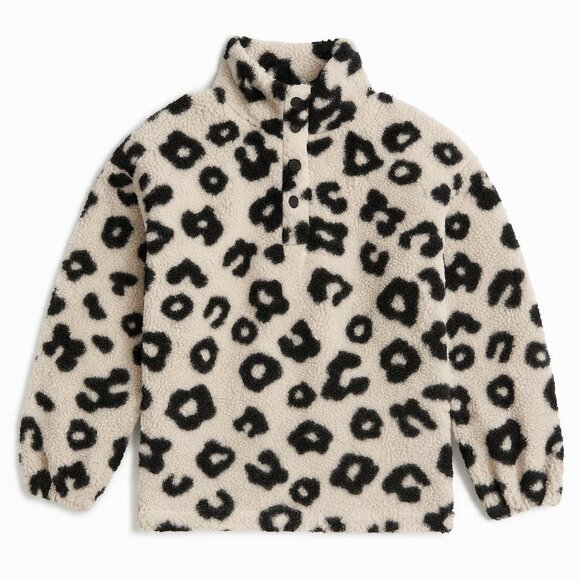 LOFT Leopard Print Sherpa Fleece Pullover Plush Cozy Snap Collar Top Medium - Picture 1 of 10